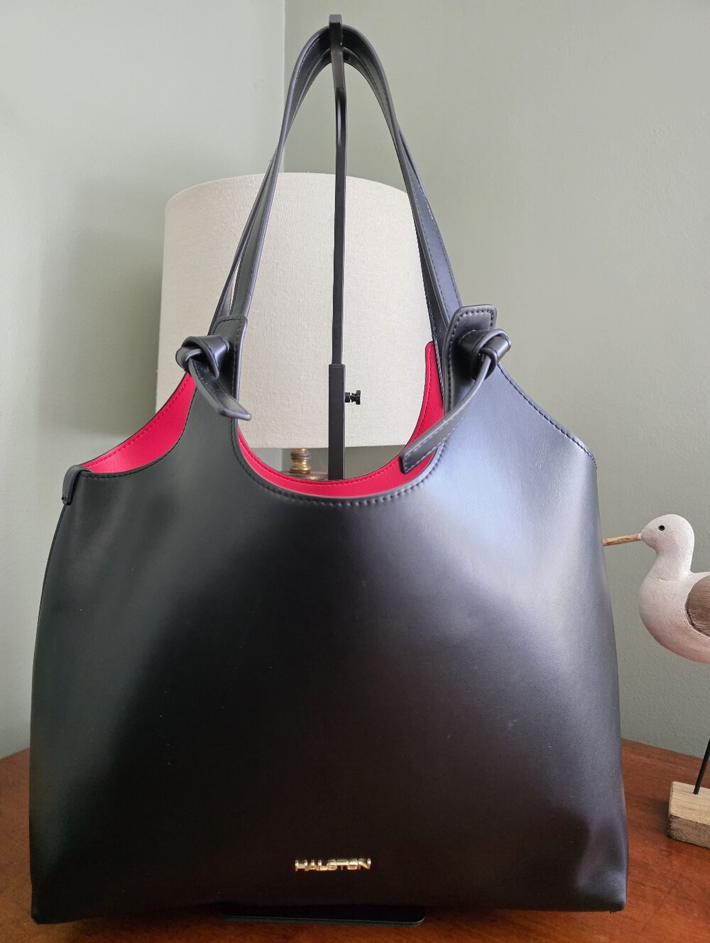 Halston Black Faux Leather Tote Red Interior Carryall Shoulder Bag